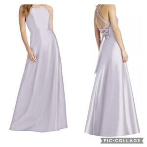 Alfred Sung D763 Halter Crisscross Lace-Up Back Satin Long Dress Moondance Sz 6